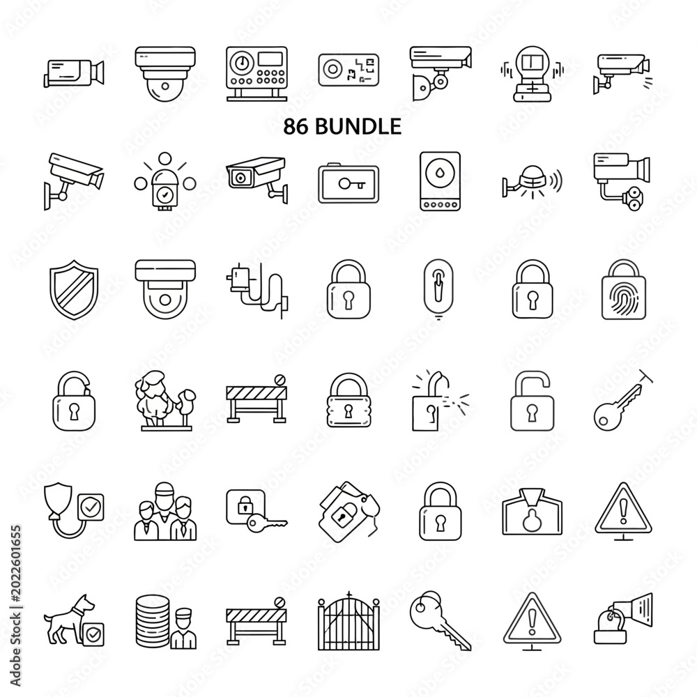 Fototapeta premium Comprehensive security surveillance and protection icon bundle with security