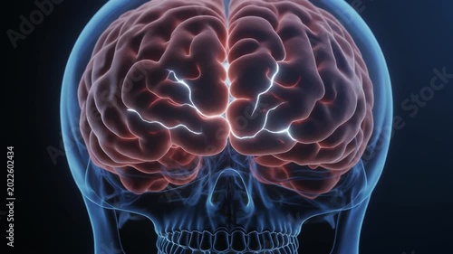 A glowing human brain with visible neural activity inside a translucent skull, illustrating complex neurological processes.