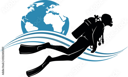 Scuba diver silhouette with globe