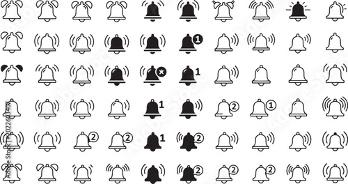 Vintage Bell Icon Set Seamless Pattern – Black Alarm, Notification and Service Bells.