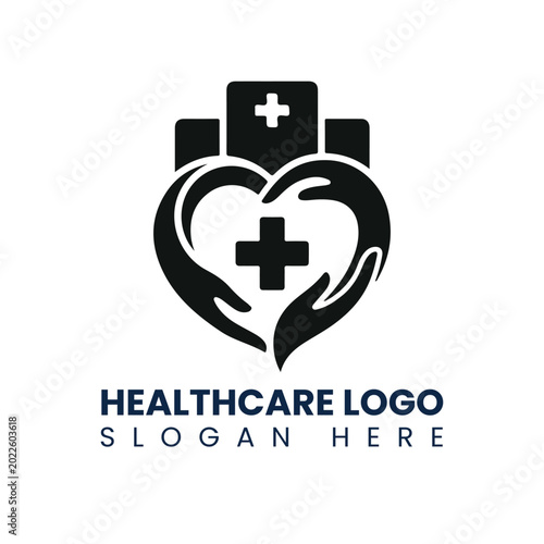 Compassionate Healthcare Logo with Hands Forming Heart Shape and Medical Cross Icons