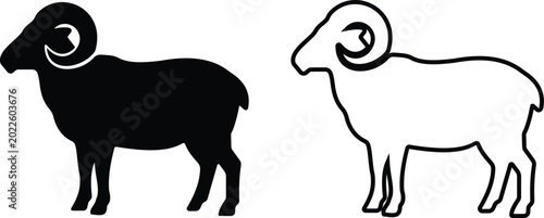 Ram animal vector icon set collection group with sheep goat livestock sacrifice and farm symbols, black silhouette and outline flat line style illustration pack for design use