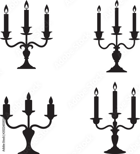Black Candelabras with Candles Isolated on White Background