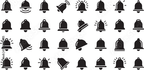 Vintage Bell Icon Set Seamless Pattern – Black Alarm, Notification and Service Bells.