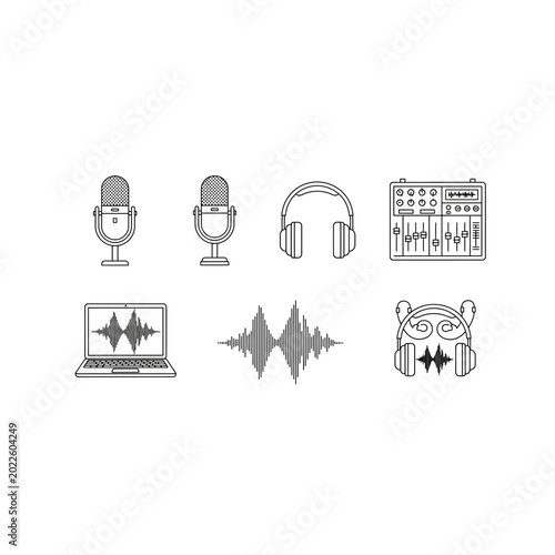 Audio and sound recording equipment line art icons with microphone, headphone