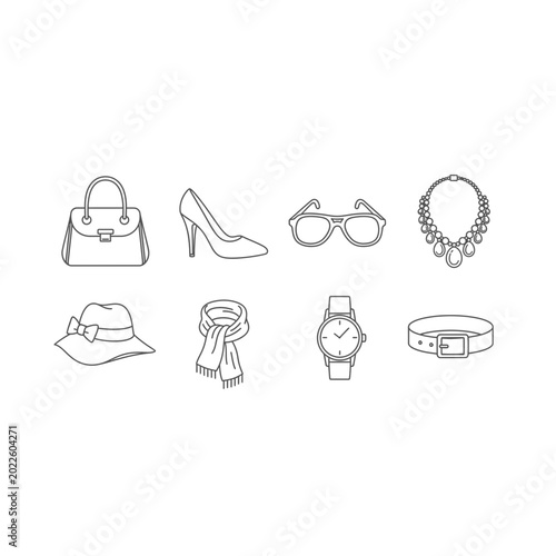 Set of fashion accessories icons including handbag shoe glasses necklace