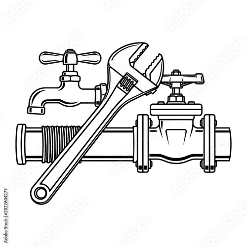 Plumbing repair and maintenance tools and fixtures line icons with plumbing