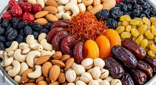 Assorted mixed nuts and dried fruits in a bowl