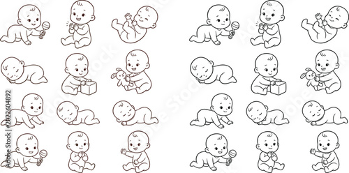 Canvas Print Detailed Baby Activity Outline Vector Set with Duplicate Pairs Showing Crawling,