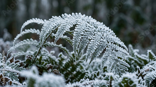 Frosted fern leaves in a winter landscape with snow covered plants transparent background
