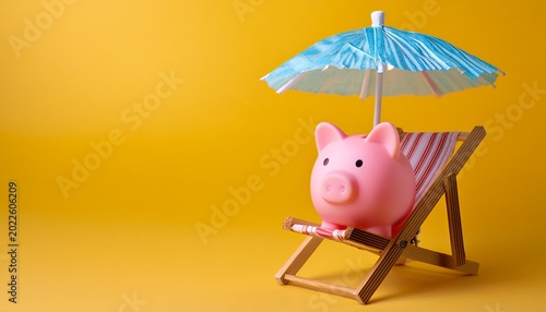 pink piggy bank sits on beach chair under umbrella concept for saving money for vacation or travel plans includes copy space on yellow background