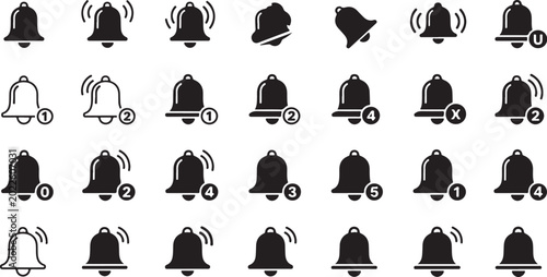 Vintage Bell Icon Set Seamless Pattern – Black Alarm, Notification and Service Bells.