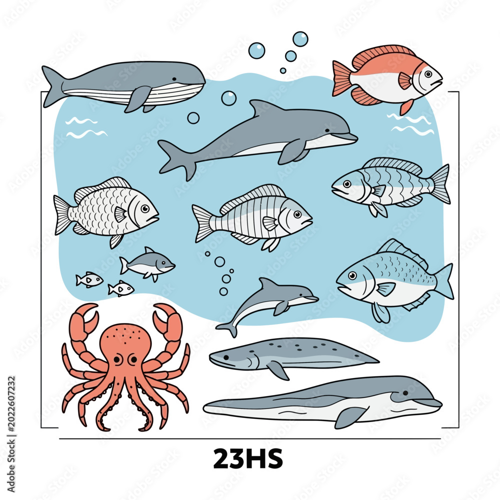 Obraz premium Marine life collection aquatic animal line art illustration with wildlife