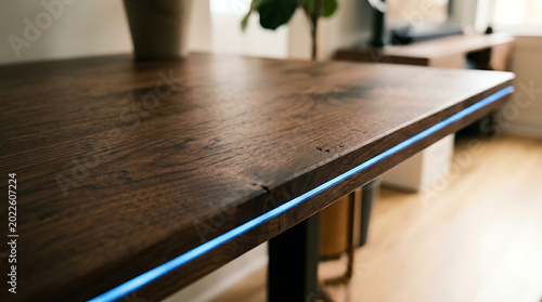 Modern wooden table with blue LED light strip and metal legs in a room transparent background