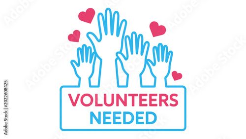 Obraz na płótnie Volunteers needed poster with people hands and heart symbols vector illustration