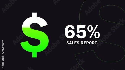 Animated dollar sign with 65 percent indicator and abstract green lines on dark background financial concept