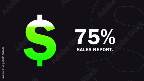 Animated dollar sign with 75 percent indicator and abstract green lines on dark background for financial concepts and data visualization