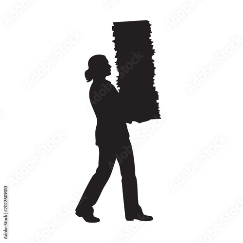 Schilderij op canvas Silhouette of a person carrying a large stack of papers representing workload or