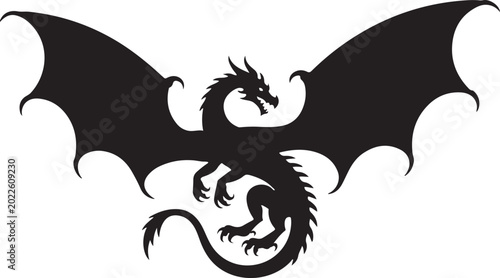 Bild auf Leinwand Black Dragon Silhouette Flying on White Background