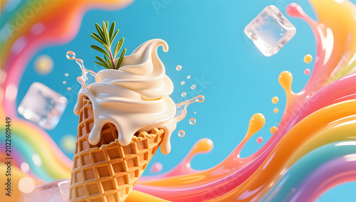 Dashu summer extreme heat melting vanilla ice cream cone cooling fluid background