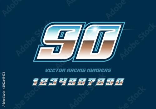 Bold Crome racing numbers set in sports style dynamic typography in shiny metallic texture for racing sport signs and Sportswear apparel print design - editable vector template