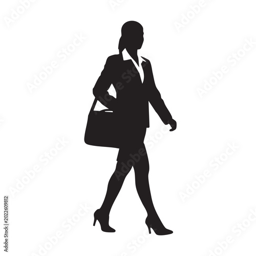 Silhouette of a businesswoman walking with a shoulder bag representing career and professional life isolated on a white background