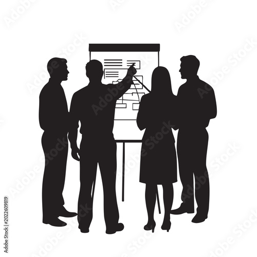 Business team silhouettes in a meeting presenting a flowchart on a whiteboard concept for strategy and planning
