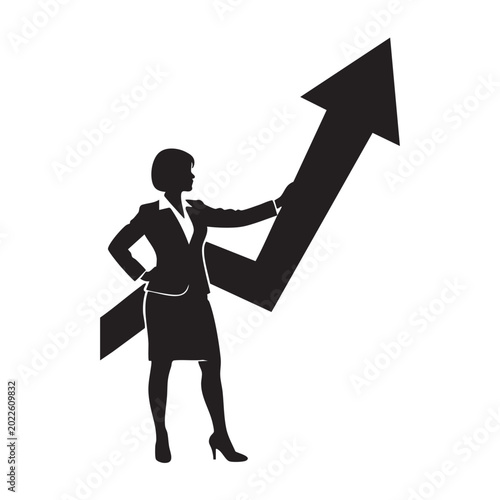 Businesswoman silhouette with upward trending arrow graph symbolizing growth and success ideal for finance and career concepts isolated on white