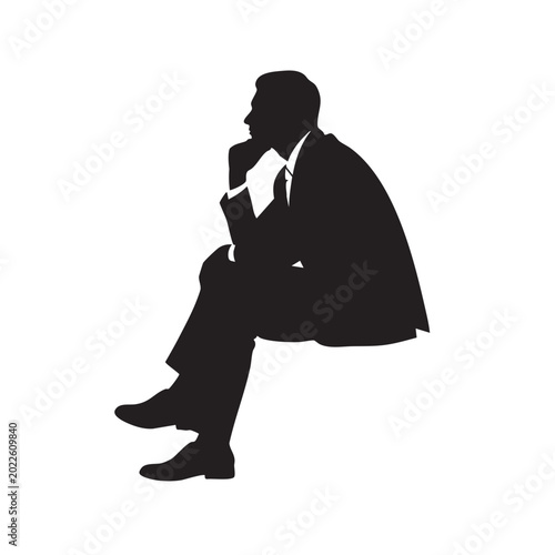 Silhouette of a businessman sitting and thinking isolated on white background representing contemplation and decision making for business concepts