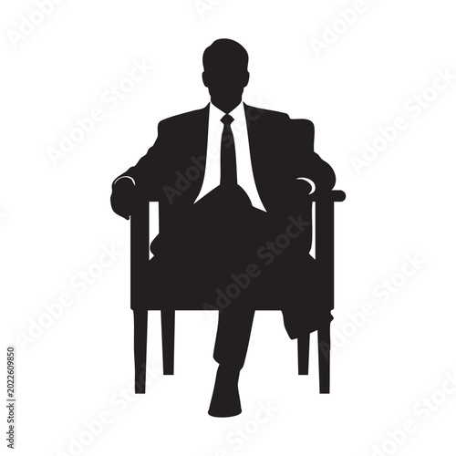 Silhouette of a businessman in a suit sitting in a chair representing corporate power and executive status isolated on white background
