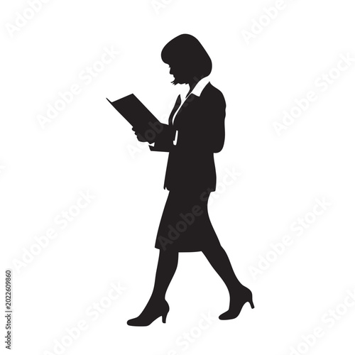Silhouette of a businesswoman walking and reading a document representing career professional development and corporate life isolated on white background