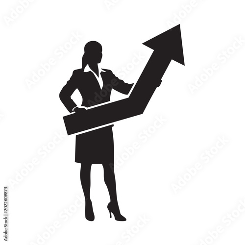 Silhouette of a businesswoman holding an upward trending arrow symbolizing growth and success in business isolated on white