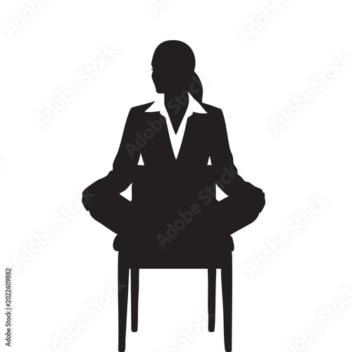 Silhouette of a businesswoman meditating in a lotus pose on a chair representing calm and focus in the corporate world isolated on white