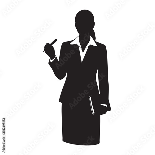 Silhouette of a businesswoman in a suit holding a pen and notebook representing professional career and business planning isolated on white