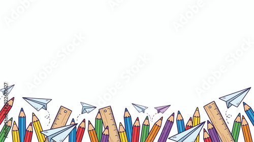 Back to School Border with Colorful Pencils Rulers and Paper Planes