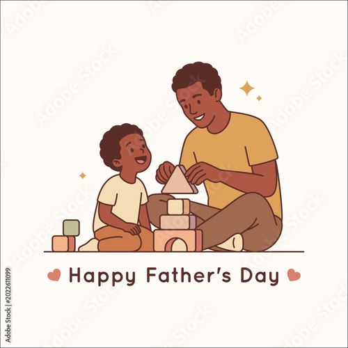Happy Father's Day greeting card with father and son playing with toy blocks, flat vector illustration