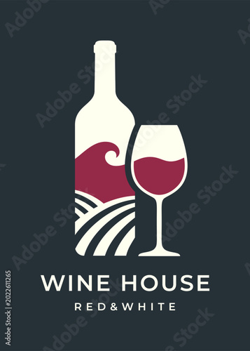 Wine house logo with bottle, glass and vineyard landscape, minimalist red wine poster, flat vector illustration