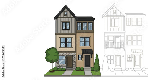 Two story house illustration with outline silhouette