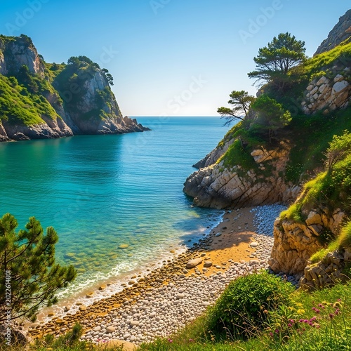 Picturesque secluded cove with turquoise water, rocky cliffs, and green foliage