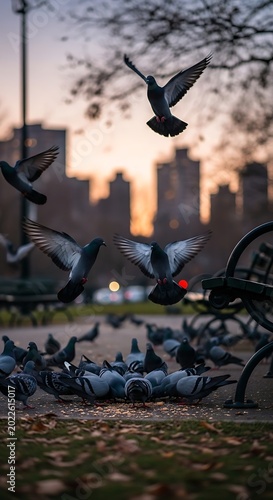 Pigeons flock to feed in a park at dusk, city skyline glows behind