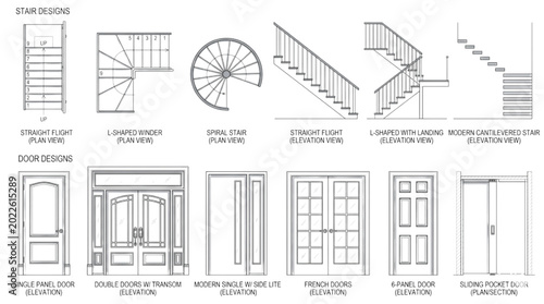 Canvastavla Architectural CAD drawings illustrating diverse stair and door configurations, o