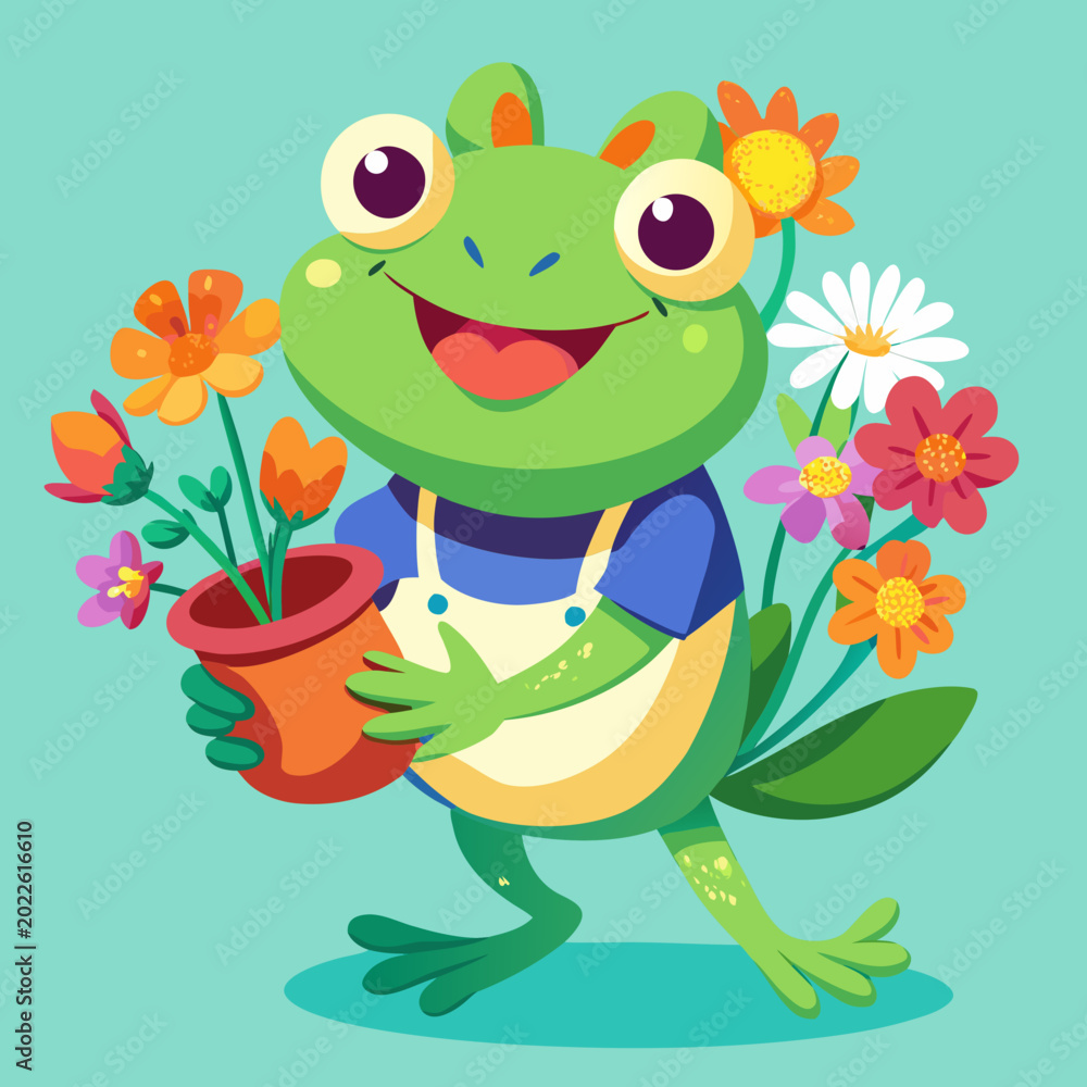Obraz premium Cute green frog sitting on flower cartoon vector illustration playful pond animal design