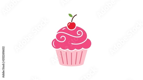 A pink frosted cupcake with a cherry on top sits alone