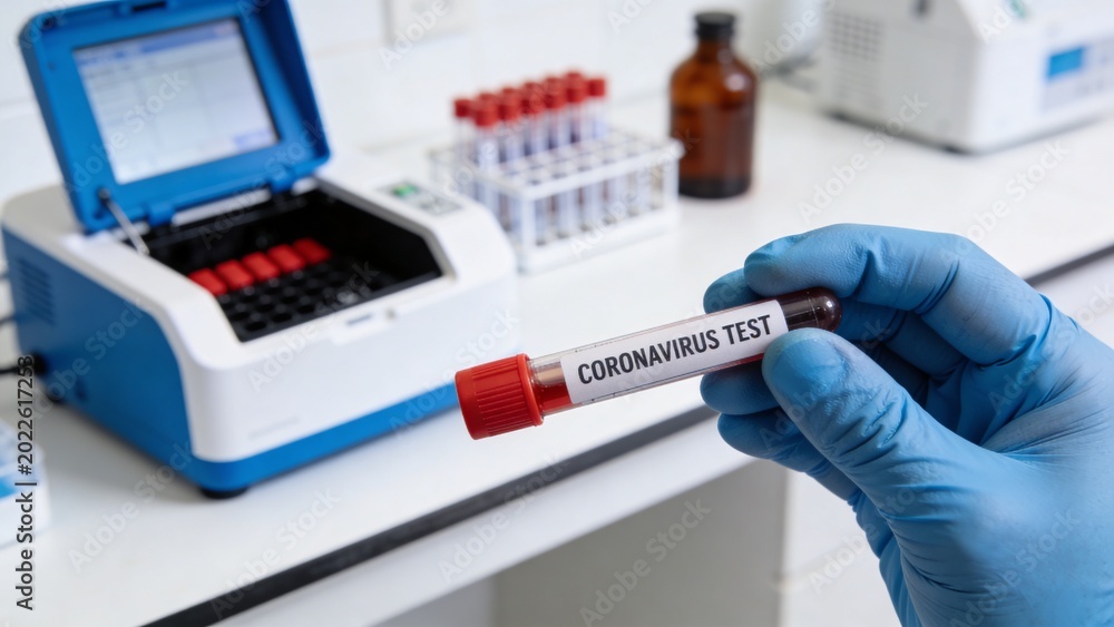 Naklejka premium A gloved hand holds a test tube labeled Coronavirus Test near a medical device.