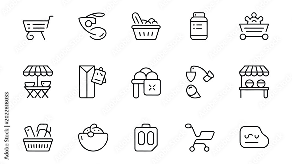 Fototapeta premium Collection of fifteen diverse and modern line art icons representing various shopping and foodrelated concepts with a clean aesthetic