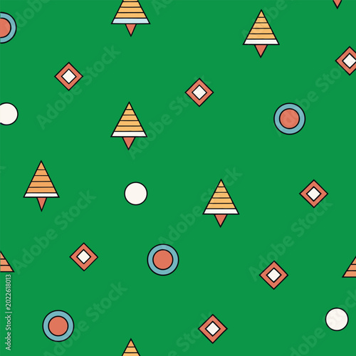Geometric shapes seamless pattern with triangles and circles on green background