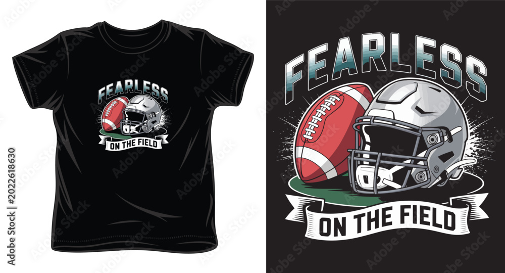 Fototapeta premium Fearless on field design for American football, a classic football helmet and ball graphic on t-shirt.
