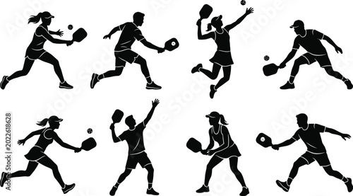 Bild auf Leinwand People playing tennis with different techniques isolated on white background, Ve