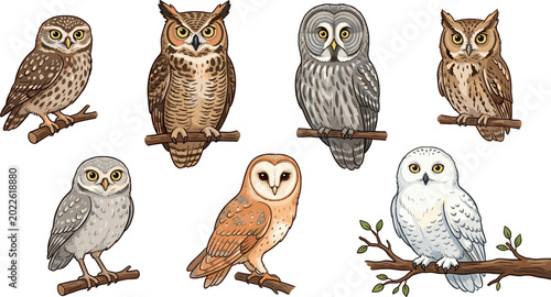 Photos Different owl species collection set vector illustration isolated on white backg