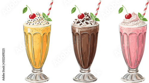 Quadro su tela Milkshake set with chocolate strawberry and vanilla flavors vector illustration
